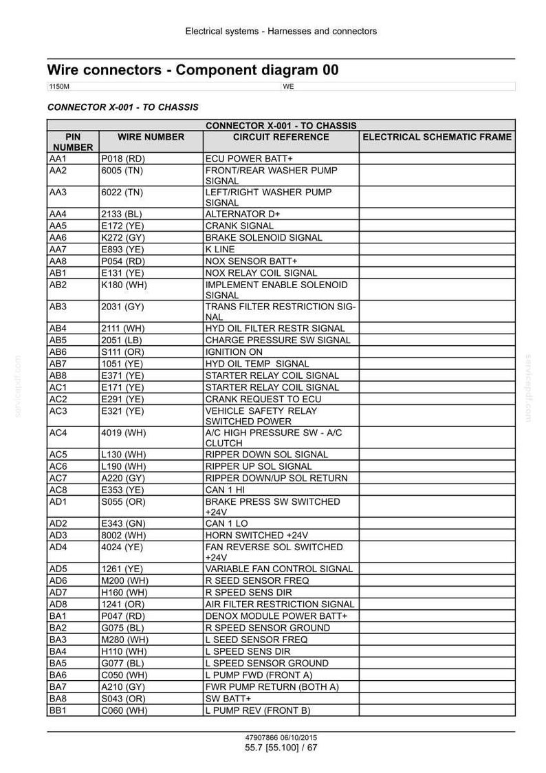 May include: Component diagram 00 for wire connectors, detailing pin numbers, wire numbers, and circuit references. Includes a table with various electrical signals and their corresponding wire connections. The diagram is for electrical systems, harnesses, and connectors.