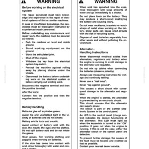 May include: A technical handbook page with safety warnings for electrical systems and battery handling. Includes instructions on working safely, such as disconnecting terminals and wearing protective gear. The page also has warnings about acid exposure.