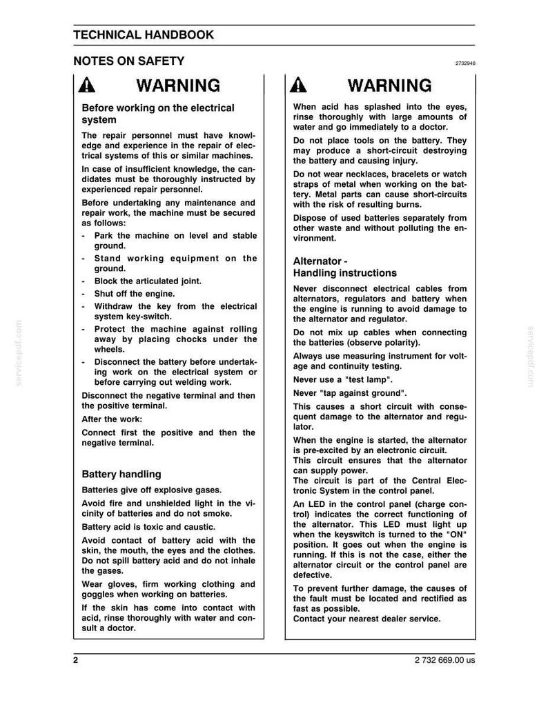 May include: A technical handbook page with safety warnings for electrical systems and battery handling. Includes instructions on working safely, such as disconnecting terminals and wearing protective gear. The page also has warnings about acid exposure.