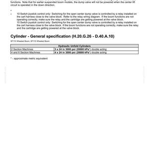 May include: A technical document titled WORKING ARM - BOOM Unfold containing instructions for an open center dump valve, 10 switch joystick control, and a table listing hydraulic unfold cylinder specifications for 2 and 4 or 6 section machines.