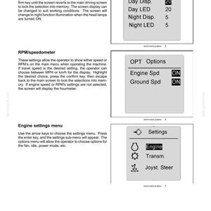 May include: A page from a manual showing control and instrument settings. Includes sections on display backlight, RPM/speedometer, and engine settings. Features options for day and night display settings.