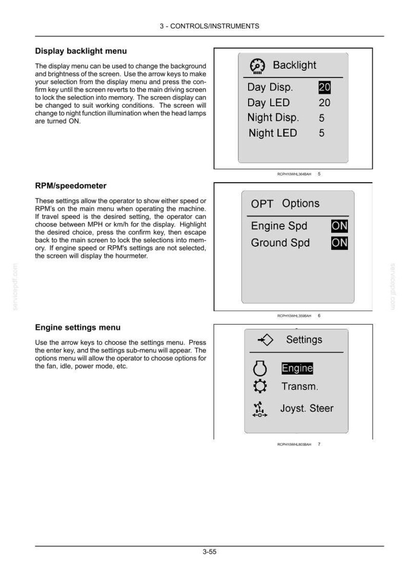 May include: A page from a manual showing control and instrument settings. Includes sections on display backlight, RPM/speedometer, and engine settings. Features options for day and night display settings.