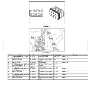 May include: Diagram of electrical systems, harnesses, and connectors. Includes a detailed schematic with labels for wires, pins, and descriptions. Features a connector diagram and a table with technical specifications for automotive applications.