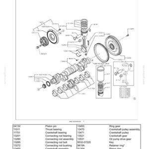 Op de afbeelding: Gedetailleerde diagram van motoronderdelen, waaronder drijfstangen, zuigers, krukas en vliegwiel. De afbeelding is een technische illustratie met labels en onderdeelnummers ter identificatie. Het diagram is in zwart-wit.