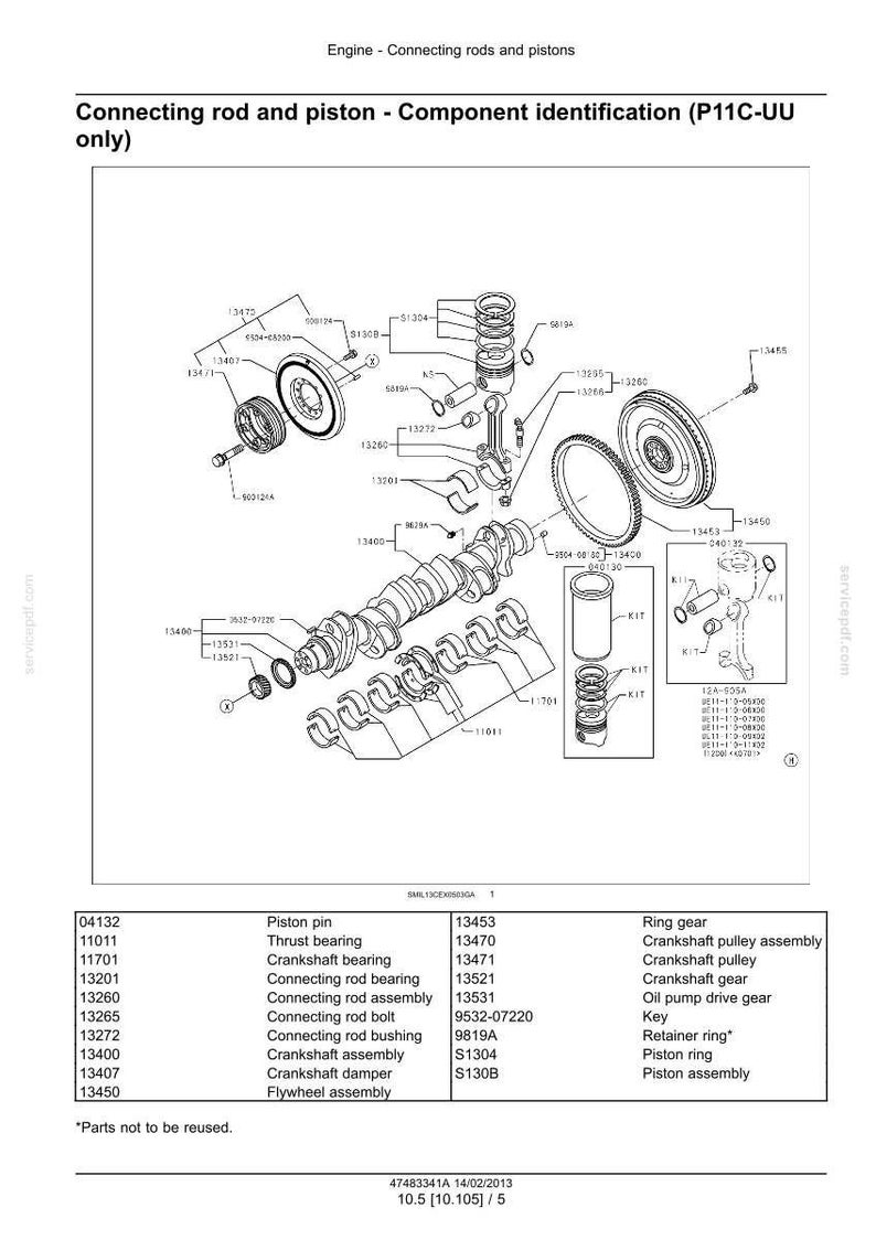 Op de afbeelding: Gedetailleerde diagram van motoronderdelen, waaronder drijfstangen, zuigers, krukas en vliegwiel. De afbeelding is een technische illustratie met labels en onderdeelnummers ter identificatie. Het diagram is in zwart-wit.