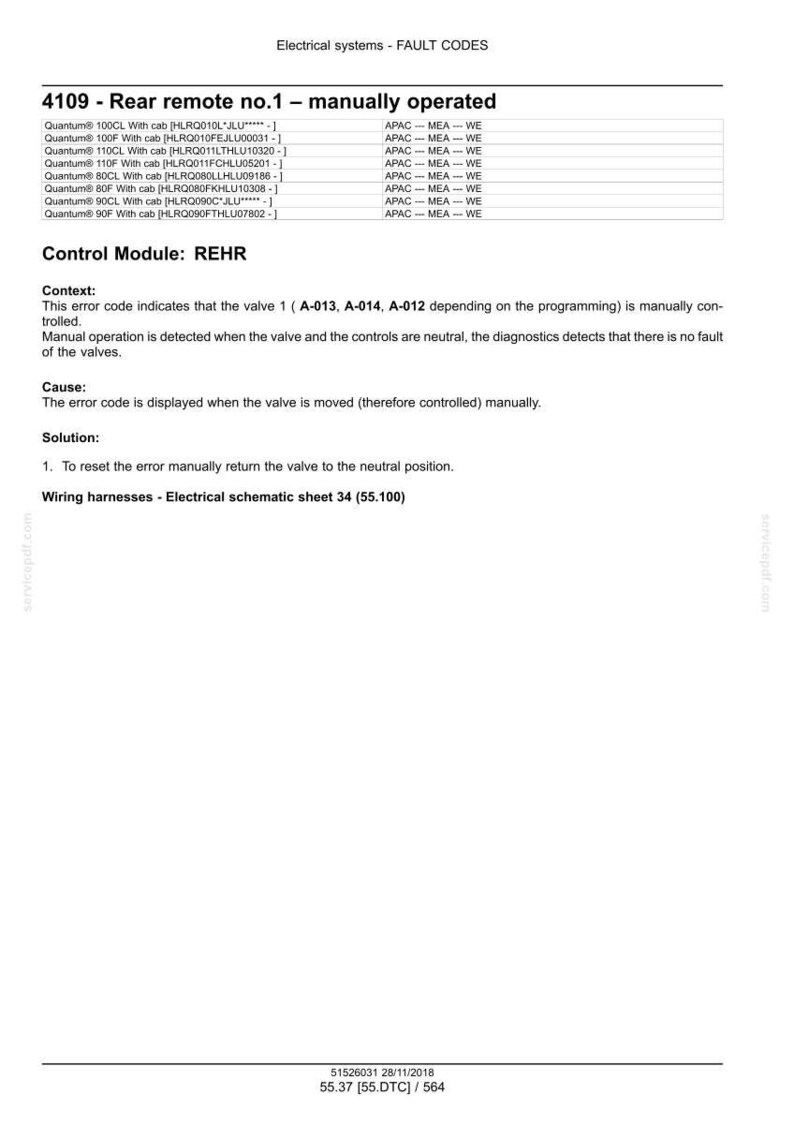 May include: Document detailing fault codes for electrical systems, including error code 4109 for rear remote operation. The document provides context, cause, and solution, with wiring harness information.