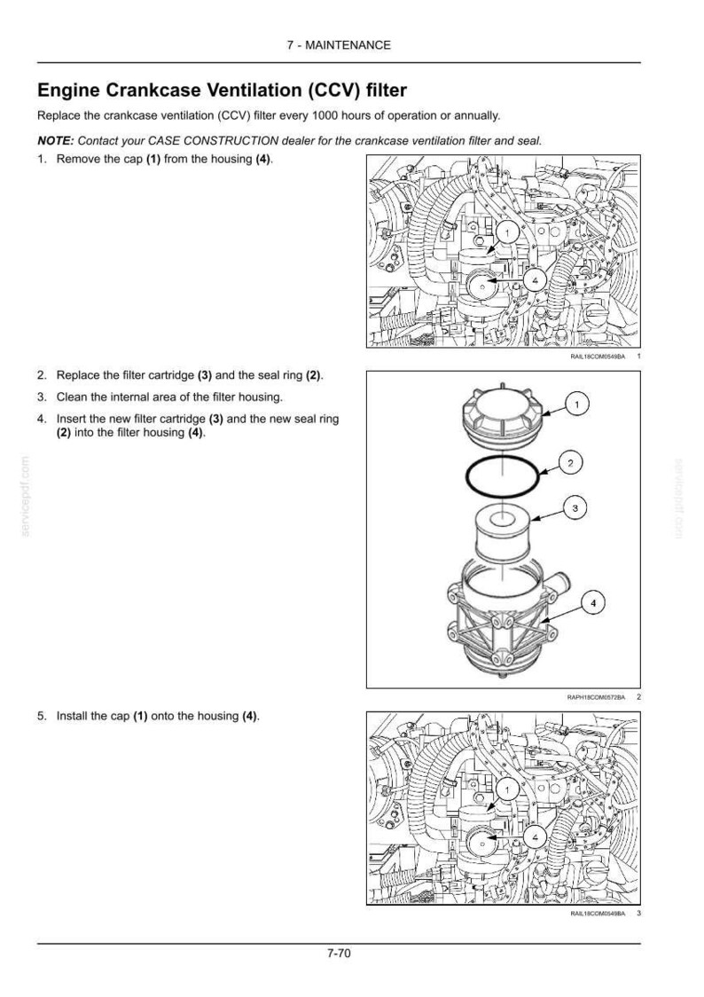 Puede incluir: Diagrama de un filtro de ventilaci&oacute;n del c&aacute;rter (CCV) del motor, con vista explosionada de los componentes: tapa, junta t&oacute;rica, cartucho filtrante y carcasa. Instrucciones de texto detallan los pasos de reemplazo del filtro.