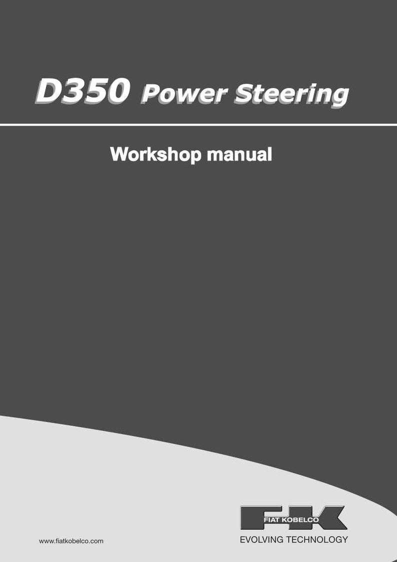 May include: A dark gray workshop manual cover titled D350 Power Steering in white text. The bottom right corner features the Fiat Kobelco logo with the text Evolving Technology, and the bottom left corner displays the website www.fiatkobelco.com.