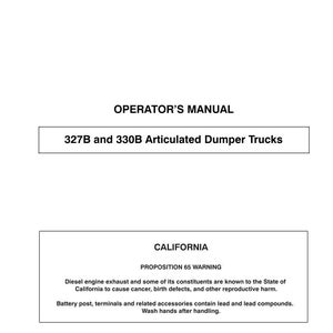 Pu&ograve; includere: Manuale dell'operatore bianco per dumper articolati 327B e 330B. Il manuale include un avviso della Proposizione 65 della California sugli scarichi dei motori diesel e i composti di piombo. Il testo &egrave; nero.