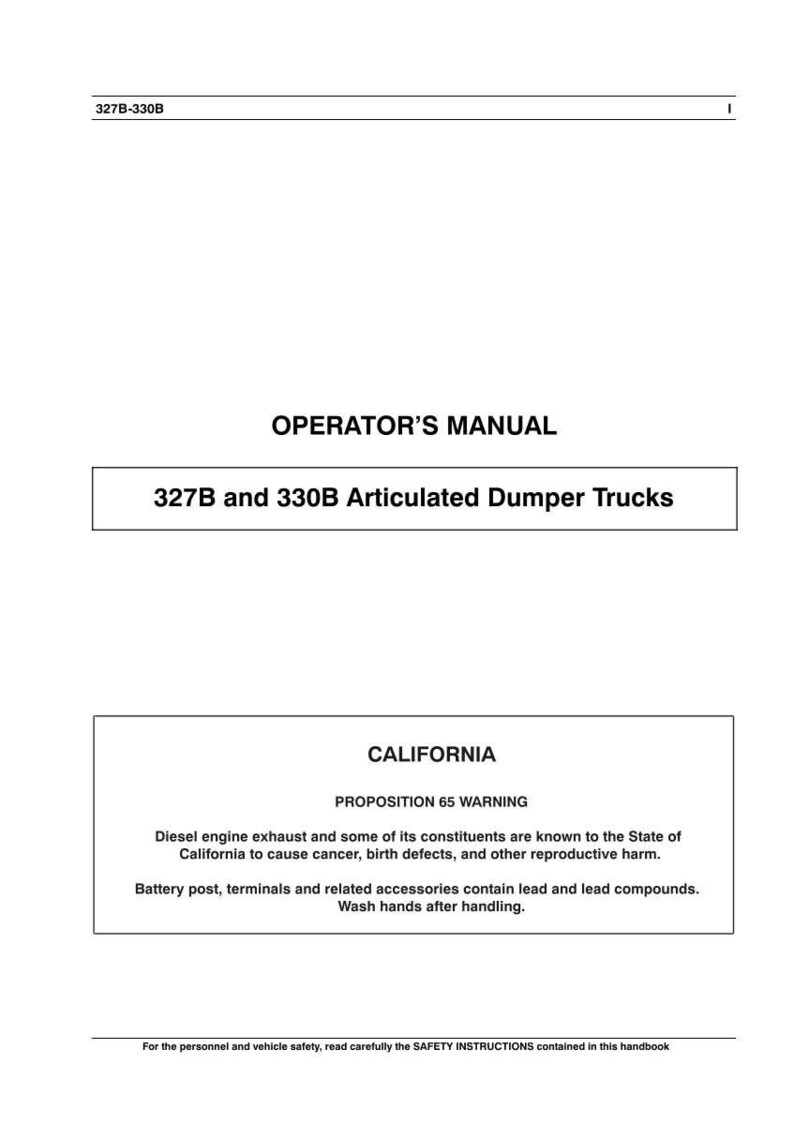 Pu&ograve; includere: Manuale dell'operatore bianco per dumper articolati 327B e 330B. Il manuale include un avviso della Proposizione 65 della California sugli scarichi dei motori diesel e i composti di piombo. Il testo &egrave; nero.