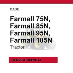 Pu&ograve; includere: Sfondo bianco con testo: Farmall 75N, 85N, 95N, 105N, Trattore. Un trattore &egrave; parzialmente visibile sullo sfondo. Il testo "CASE" &egrave; in alto e "SERVICE MANUAL" in un riquadro rosso in basso.