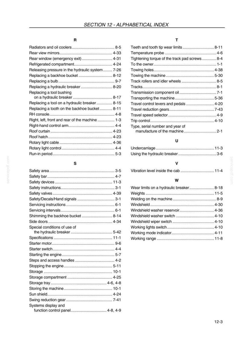 May include: A page from a manual titled "SECTION 12 - ALPHABETICAL INDEX." The text lists various components and functions, such as "Radiators and oil coolers," "Safety valves," and "Windshield wiper switch."