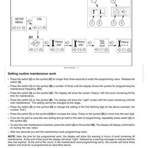 May include: A technical manual page titled 3-CONTROLS AND INSTRUMENTS, featuring a flow chart for setting routine maintenance work. It includes diagrams of switches labeled 1 and 2, symbols A, B, C, D, and a sequence showing Heavy 200, Value 300 Saved, and Heavy ---.