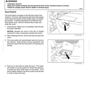 May include: Diagram of a vehicle's hood switch and master disconnect, with instructions and warnings. Includes illustrations of the hood switch and key operation for opening and closing the hood.
