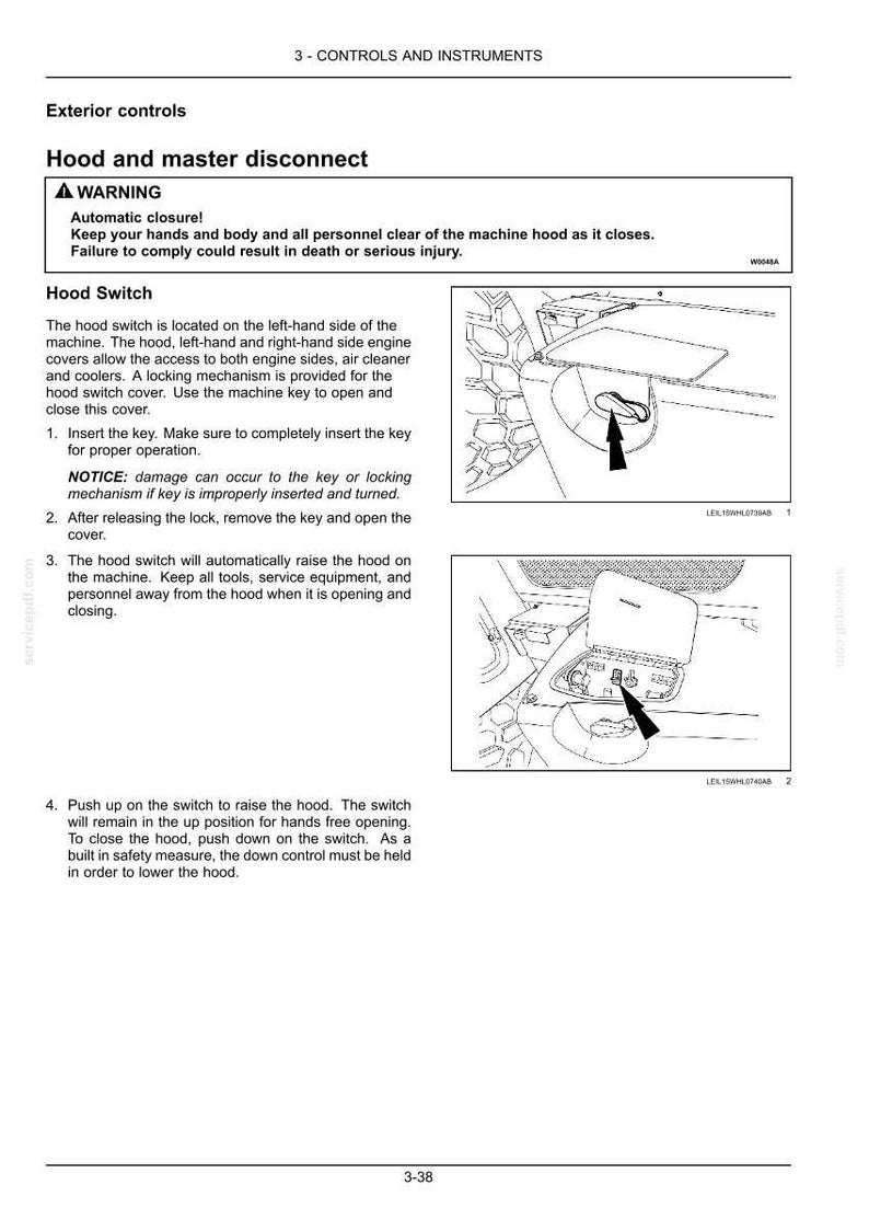 May include: Diagram of a vehicle's hood switch and master disconnect, with instructions and warnings. Includes illustrations of the hood switch and key operation for opening and closing the hood.