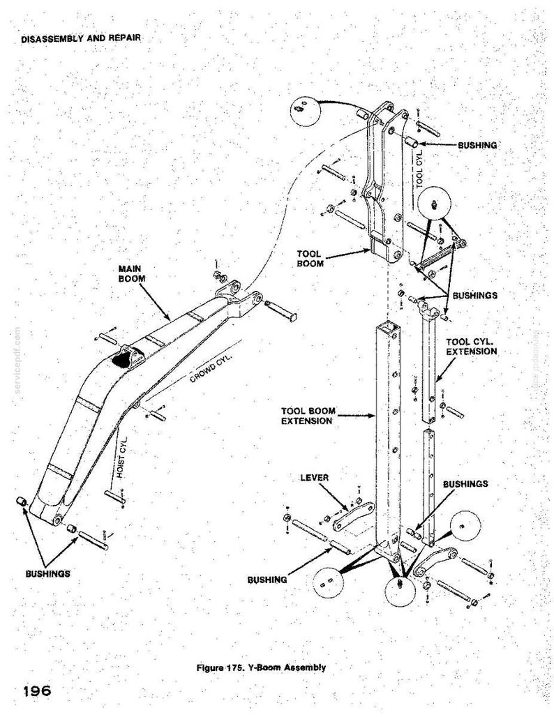 May include: An exploded diagram of a Y-Boom assembly, labeled for disassembly and repair. The image shows the main boom, tool boom, tool boom extension, and various bushings, levers, and cylinders. Text includes "Disassembly and Repair" and "Figure 175. Y-Boom Assembly."