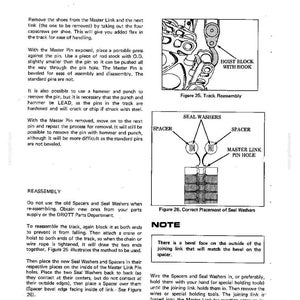 May include: A technical diagram from a DROTT CRAWLER manual, detailing track reassembly. The image includes illustrations of components like seal washers, spacers, and the master link pin hole, with accompanying text explaining the process.