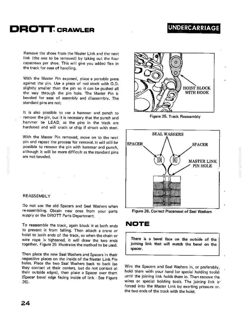 May include: A technical diagram from a DROTT CRAWLER manual, detailing track reassembly. The image includes illustrations of components like seal washers, spacers, and the master link pin hole, with accompanying text explaining the process.