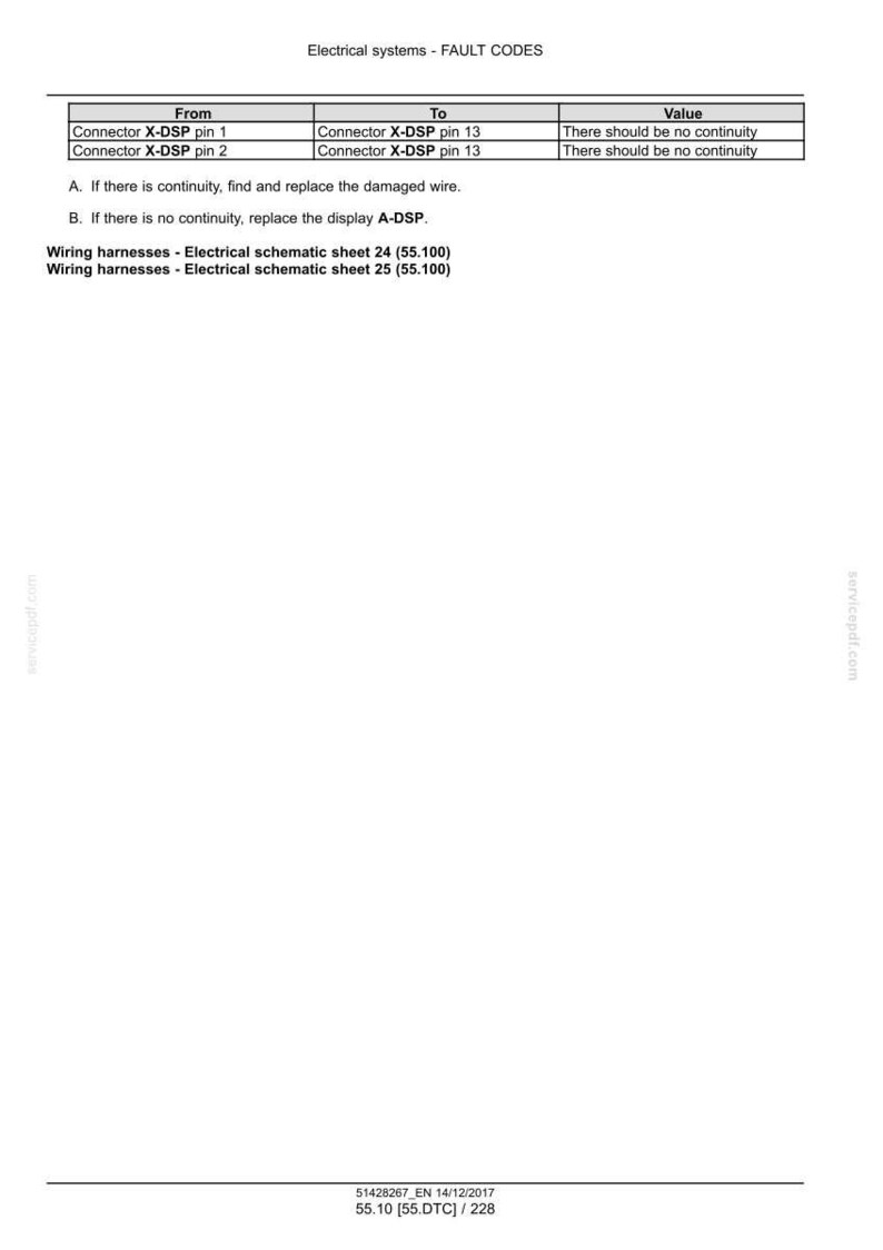 May include: A technical document titled "Electrical systems - FAULT CODES" with a table detailing connector pin connections and fault diagnostics. Includes instructions for continuity checks and wire replacement. Also lists wiring harness schematic sheets.