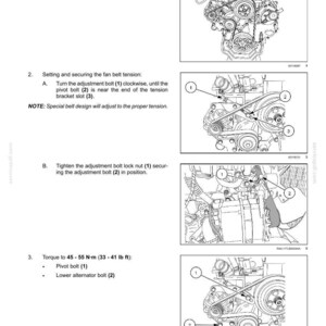 K&ouml;nnte beinhalten: Motorwartungsdiagramm mit Anweisungen zur Riemeninstallation und -einstellung. Enth&auml;lt beschriftete Komponenten und Drehmomentangaben in N-m. Anweisungen zum Anziehen von Schrauben und Sichern des Keilriemens.