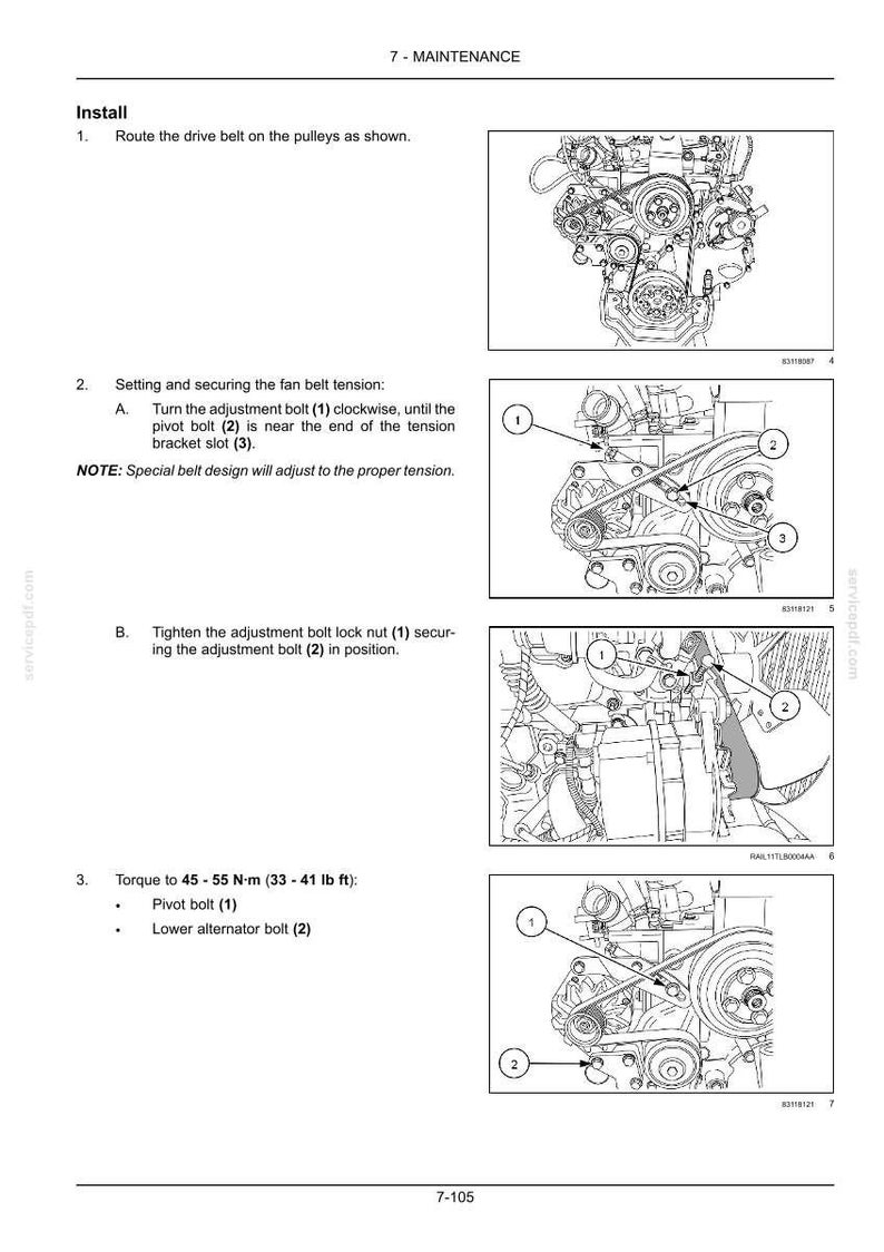 K&ouml;nnte beinhalten: Motorwartungsdiagramm mit Anweisungen zur Riemeninstallation und -einstellung. Enth&auml;lt beschriftete Komponenten und Drehmomentangaben in N-m. Anweisungen zum Anziehen von Schrauben und Sichern des Keilriemens.