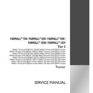 May include: A white service manual for FARMALL tractors, featuring model names and part numbers. The cover includes the Case IH Agriculture logo and the text "Tractor". The manual is dated July 2016.