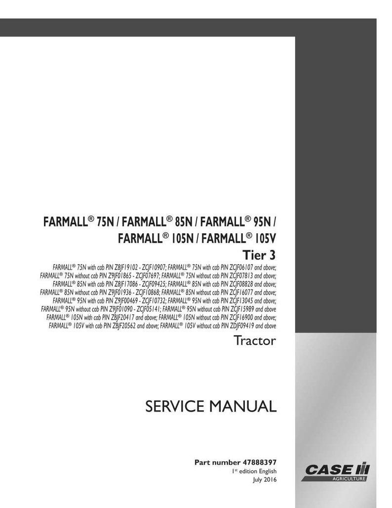 May include: A white service manual for FARMALL tractors, featuring model names and part numbers. The cover includes the Case IH Agriculture logo and the text "Tractor". The manual is dated July 2016.