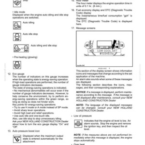 May include: A technical manual page titled 3 - CONTROLS AND INSTRUMENTS, featuring black text and line-art icons for machinery. It details indicators like 2nd speed, stop, auto idling, eco gauge, auto pressure boost, hour meter, and low oil pressure.