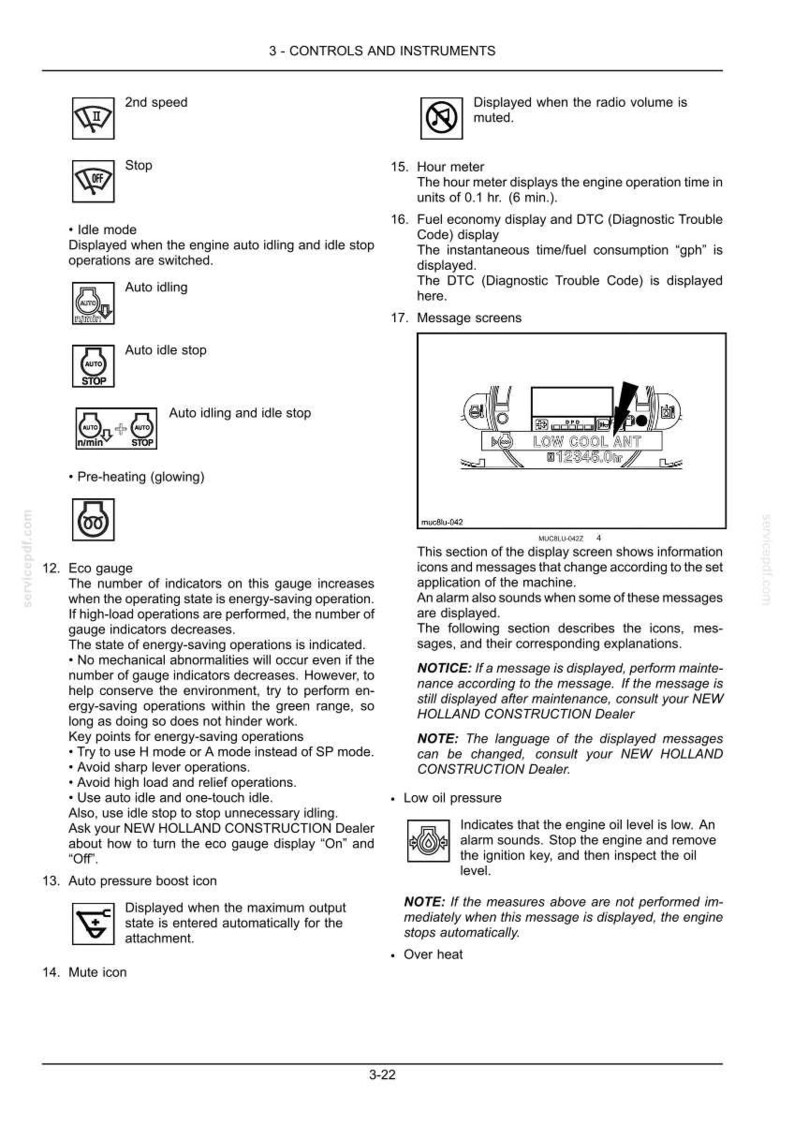 May include: A technical manual page titled 3 - CONTROLS AND INSTRUMENTS, featuring black text and line-art icons for machinery. It details indicators like 2nd speed, stop, auto idling, eco gauge, auto pressure boost, hour meter, and low oil pressure.