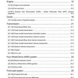 May include: A page from a manual titled "Contents" with a list of engine, clutch, transmission, and axle system components. The page includes section numbers and page numbers.