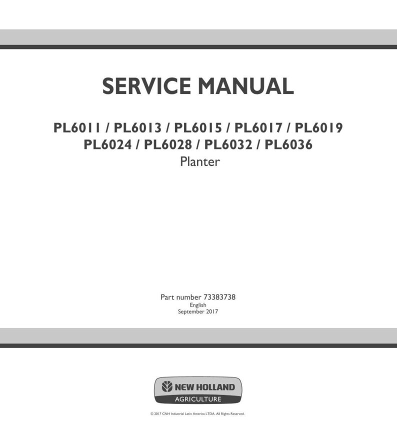May include: A white service manual with the text "SERVICE MANUAL" in bold black letters. Below, model numbers PL6011 through PL6036 are listed. The manual is for a Planter. The part number is 73383738.