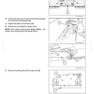 May include: Diagrams illustrating steps for removing and installing components on a header cutting mechanism. Includes numbered instructions and close-up views of bolts, plates, and other parts. Text includes weight in pounds.