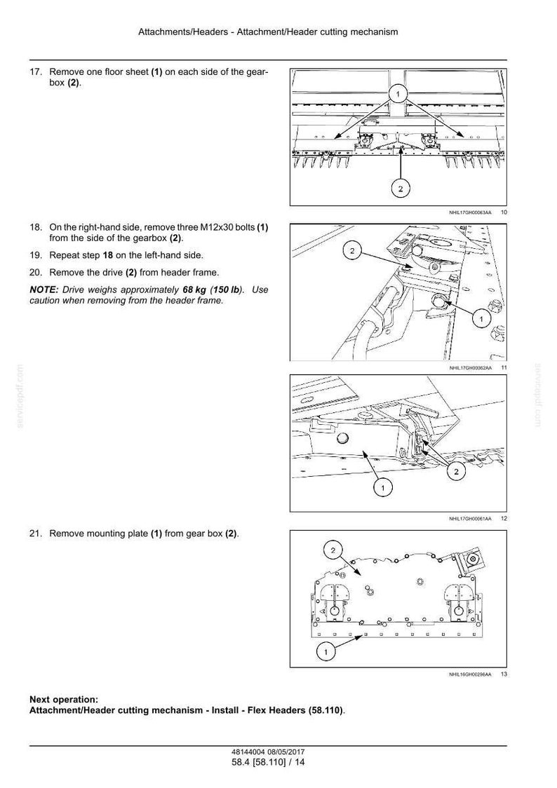 May include: Diagrams illustrating steps for removing and installing components on a header cutting mechanism. Includes numbered instructions and close-up views of bolts, plates, and other parts. Text includes weight in pounds.