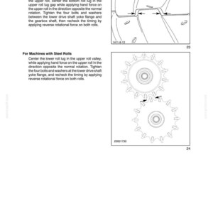 May include: Technical manual page with diagrams and instructions for machinery maintenance. The text details resetting timing for machines with rubber and steel rolls. Diagrams illustrate mechanical components and their alignment for repair.