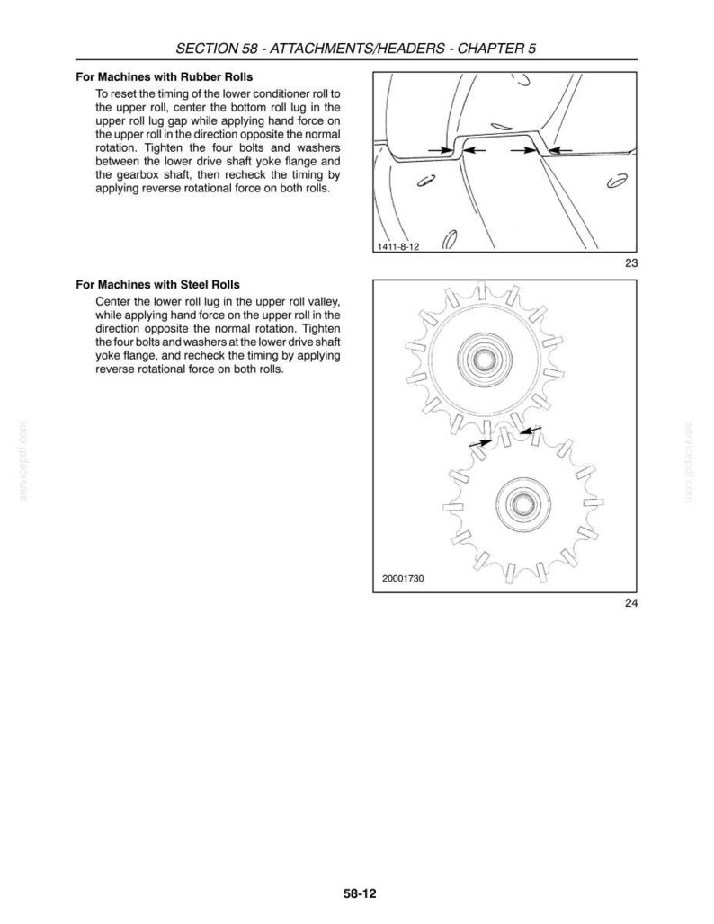 May include: Technical manual page with diagrams and instructions for machinery maintenance. The text details resetting timing for machines with rubber and steel rolls. Diagrams illustrate mechanical components and their alignment for repair.
