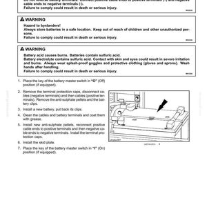 May include: A maintenance manual page with instructions for changing a battery. It features safety warnings about electrical shock and acid burns, alongside numbered steps and a diagram of the battery's location within the device.