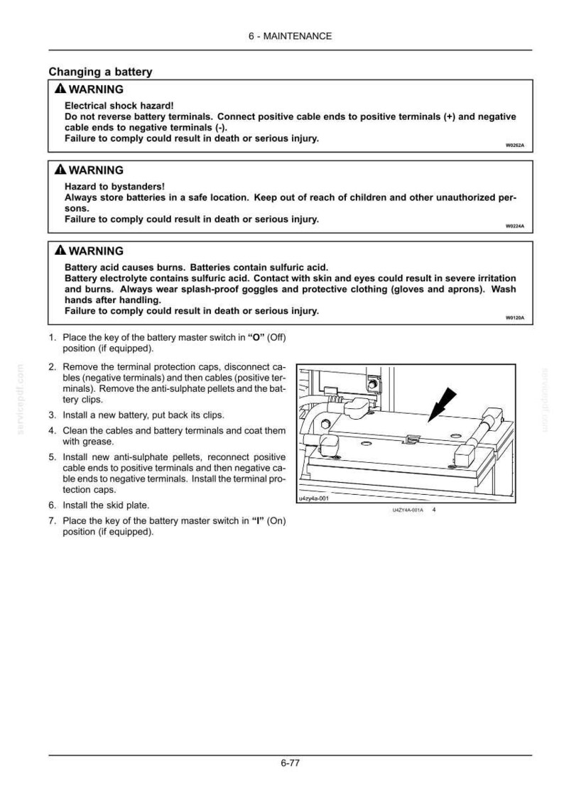 May include: A maintenance manual page with instructions for changing a battery. It features safety warnings about electrical shock and acid burns, alongside numbered steps and a diagram of the battery's location within the device.