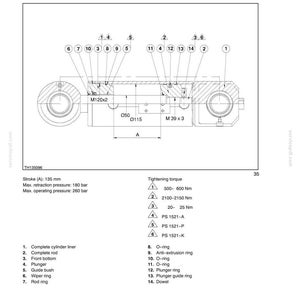 May include: Diagram of a hydraulic system, labeled "Frame Levelling and Rear Axle Locking Cylinder." Includes measurements in millimeters, tightening torque specifications, and part labels. The stroke is 135 mm.