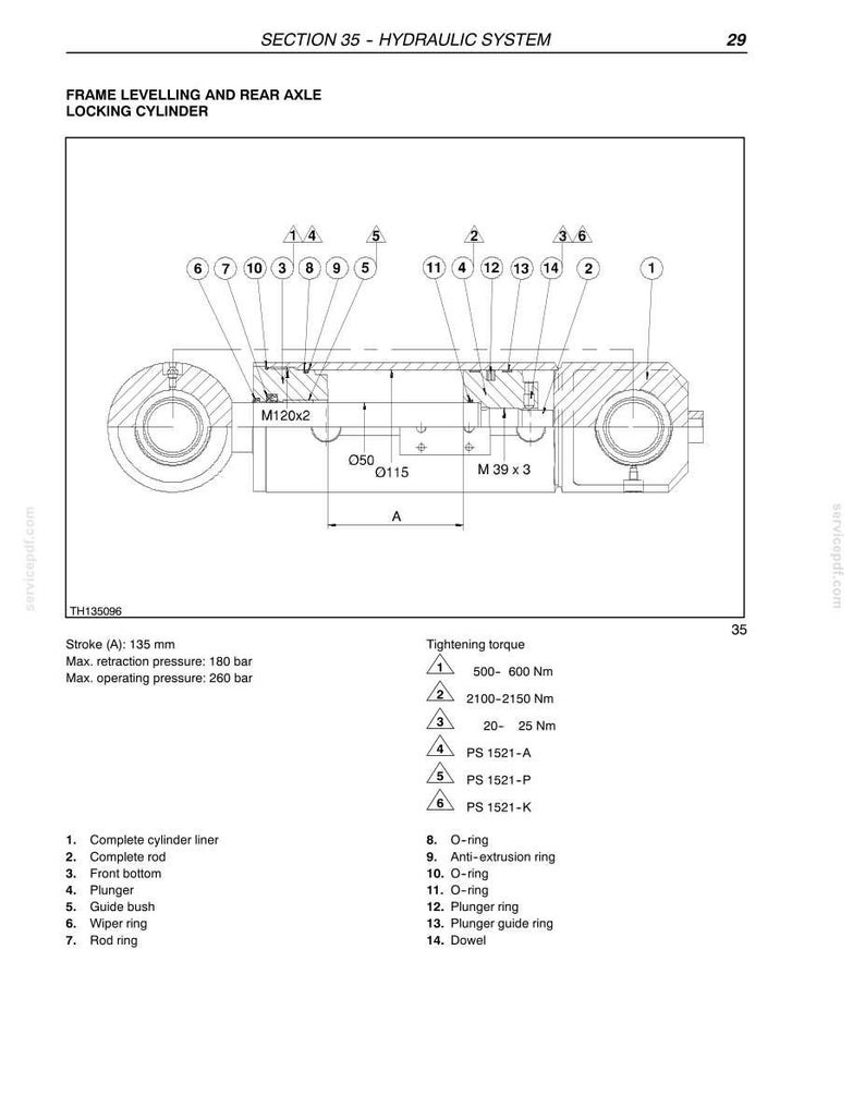 May include: Diagram of a hydraulic system, labeled "Frame Levelling and Rear Axle Locking Cylinder." Includes measurements in millimeters, tightening torque specifications, and part labels. The stroke is 135 mm.