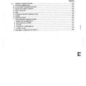 May include: A black and white technical document page titled Specifications Table of Contents. It lists sections including General Specifications, Machine Dimensions, Attachment Working Ranges, Performance Specifications, and Machine & Components Weight.