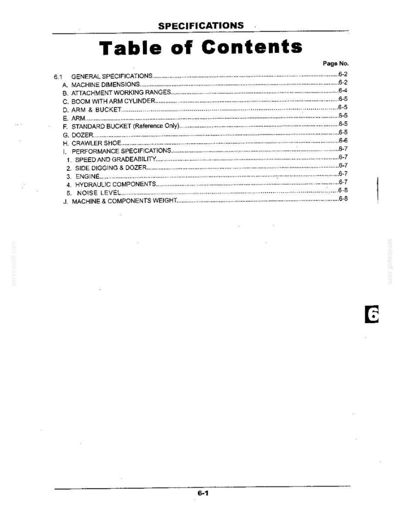May include: A black and white technical document page titled Specifications Table of Contents. It lists sections including General Specifications, Machine Dimensions, Attachment Working Ranges, Performance Specifications, and Machine & Components Weight.