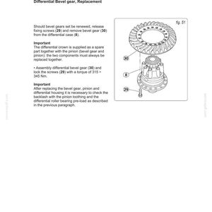 May include: Diagram of a differential bevel gear replacement procedure. The image includes an exploded view of the gear components, labeled with numbers, and text instructions from Case Construction.