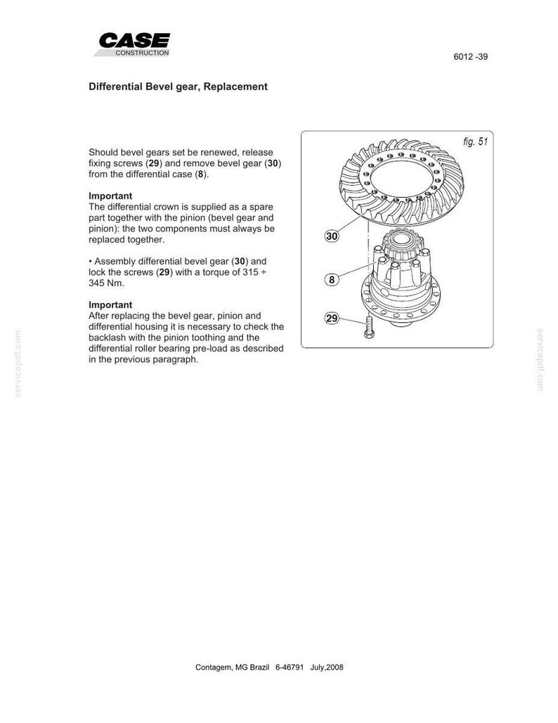 May include: Diagram of a differential bevel gear replacement procedure. The image includes an exploded view of the gear components, labeled with numbers, and text instructions from Case Construction.