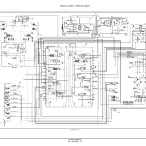 Puede incluir: Un diagrama detallado en blanco y negro de un sistema hidr&aacute;ulico, con numerosas l&iacute;neas, s&iacute;mbolos y componentes. El t&iacute;tulo "Hydraulic systems" est&aacute; en la parte superior. La parte inferior del diagrama incluye texto con n&uacute;meros y medidas.