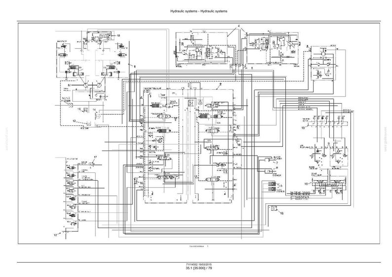 Puede incluir: Un diagrama detallado en blanco y negro de un sistema hidr&aacute;ulico, con numerosas l&iacute;neas, s&iacute;mbolos y componentes. El t&iacute;tulo "Hydraulic systems" est&aacute; en la parte superior. La parte inferior del diagrama incluye texto con n&uacute;meros y medidas.
