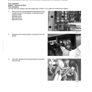 Op de afbeelding: Zwart-wit technische tekening met instructies voor het verwijderen van ROPS-componenten. De tekening toont elektrische componenten, bedrading en bevestigingsbouten. Instructies voor het loskoppelen van kabelboomconnectoren zijn inbegrepen.