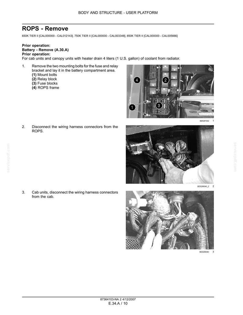 Op de afbeelding: Zwart-wit technische tekening met instructies voor het verwijderen van ROPS-componenten. De tekening toont elektrische componenten, bedrading en bevestigingsbouten. Instructies voor het loskoppelen van kabelboomconnectoren zijn inbegrepen.