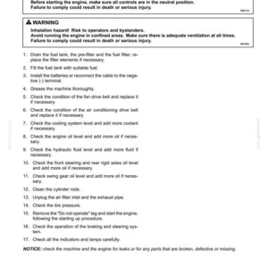 May include: A technical document page titled 7-MAINTENANCE, Removal from storage. It features two warning boxes regarding machine movement and inhalation hazards, followed by a numbered list of 17 maintenance steps for machinery, ending with a notice.