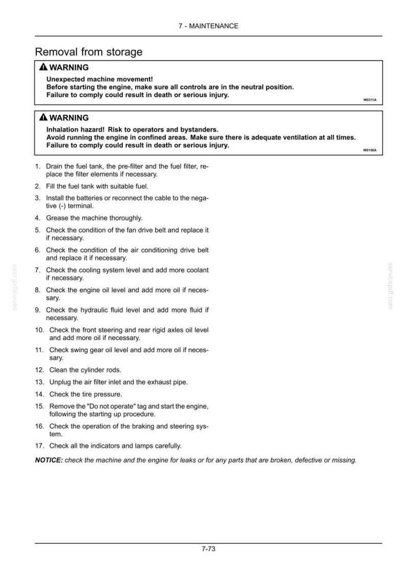 May include: A technical document page titled 7-MAINTENANCE, Removal from storage. It features two warning boxes regarding machine movement and inhalation hazards, followed by a numbered list of 17 maintenance steps for machinery, ending with a notice.