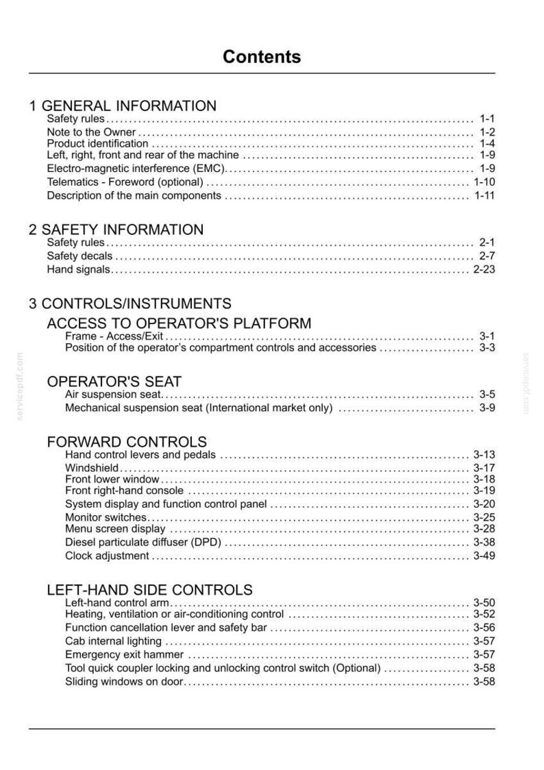 Op de afbeelding: Een inhoudsopgave van een handleiding, met secties zoals 'Algemene informatie', 'Veiligheidsinformatie' en 'Bediening/Instrumenten'. De tekst is zwart op een witte achtergrond, met paginanummers.